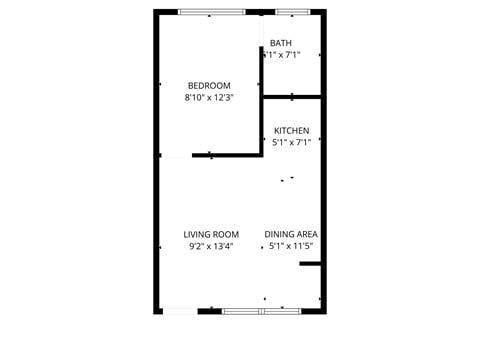 Floor plan for 1 bed, 1 bath, 850 sqft